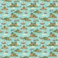 Illustration of boats in the sea near a green island in seamless pattern