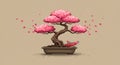 An illustration of a bonsai tree with bright pink blossoms, placed in a rectangular pot. Royalty Free Stock Photo