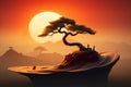 an illustration of a bonsai tree on a rock in front of a sunset Royalty Free Stock Photo