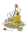 Illustration for the book. Seamless pattern. A jar with olive oil. The branches of the olive. Postcard with food. Gastro
