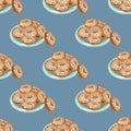 Illustration for the book. Seamless pattern. A plate of donuts. Donuts in powdered sugar. Royalty Free Stock Photo