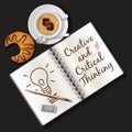 Illustration of booklet, mug of cappuccino and croissant