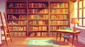 Illustration of a bookshelf in a library interior with a chair and table. Cartoon librarian with a wooden shelf in a Royalty Free Stock Photo