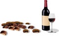 Illustration of a bottle of red wine with a glass and chestnuts on white background Royalty Free Stock Photo