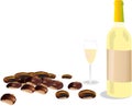 Illustration of a bottle of white wine with a glass and chestnuts on white background Royalty Free Stock Photo