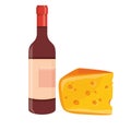 Illustration of a bottle of wine and cheese. Isolated vector on white background. For card, poster, banner. Royalty Free Stock Photo