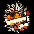 Illustration of a bouquet of autumn leaves and berries on a black background Generative AI