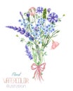 An illustration with a bouquet of the beautiful watercolor blue Myosotis flower, cornflowers and lavender flowers