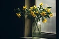 Bouquet of daffodils in a vase on the windowsill