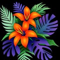 illustration of a bouquet of exotic purple blue leaves and orange flowers on a black background