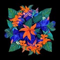 illustration of a bouquet of exotic purple, blue and orange leaves on a black background