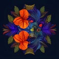 illustration of a bouquet of exotic purple, blue and orange leaves on a black background