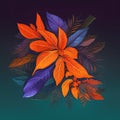 illustration of a bouquet of exotic purple, blue and orange leaves on a black background