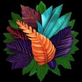 illustration of a bouquet of exotic purple, blue and orange leaves on a black background