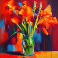 illustration bouquet of flowers red gladiolus in a vase on a multi-colored background