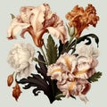 Illustration of a bouquet of irises in vintage style