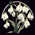 Illustration of a bouquet of snowdrops on a black background Generative AI