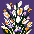 Illustration of a bouquet of white crocuses on a purple background generative AI