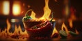 Illustration of Bowl of Chili with Chili Peppers, Flames and Fire