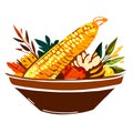 Illustration of a bowl of corn with autumn leaves isolated on a white background generative AI