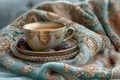 A bowl of dates, coffee and tea on a backdrop with a blanket Royalty Free Stock Photo