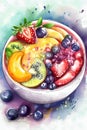 Illustration of a bowl of fresh fruit salad. Watercolor painting.