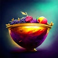 Illustration of a bowl full of fresh fruits on a dark background AI generated