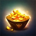 Illustration of a bowl full of gold coins on a dark background Generative AI