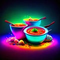 Illustration of bowl of gazpacho soup on colorful background generative AI Royalty Free Stock Photo