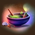 Illustration of a bowl of green tea with ingredients on a colorful background AI Generated