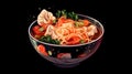 Illustration of a bowl of noodle soup on black background.
