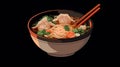 Illustration of a bowl of noodle soup with chopsticks on black background