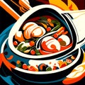 Illustration of a bowl of noodle soup with a fork and knife AI Generated
