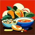 Illustration of a bowl of vegetable soup with ingredients on a red background generative AI Royalty Free Stock Photo