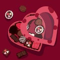 Illustration of a box with heart-shaped chocolates for Valentine's Day. Clipart on a dark background. Printing Royalty Free Stock Photo