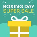 Illustration of boxing day super sale text with yellow gift box on blue background, copy space