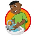 Illustration of boy with afro descent washing his hands in a sink under running water
