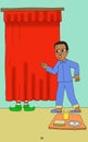 illustration of a boy asking someone hiding behind a red curtain