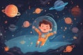 Illustration of a boy astronaut in a space suit in space among planets, Generative AI 3 Royalty Free Stock Photo