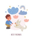 Illustration of boy with corgi puppy, dog owner Royalty Free Stock Photo