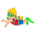 A boy is diving with the green swimming glasses