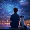 Illustration of a boy with a dog watching fireworks shooting in the night sky. New Year\'s fun and festivities Royalty Free Stock Photo