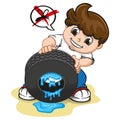 Illustration boy drawing still water from the tire, fighting mosquito that transmits dengue or zika virus