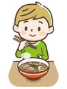 Illustration of a boy eating ramen