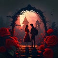 Illustration Boy and girl couple in love around red roses, moonlight. Heart as a symbol of affection and