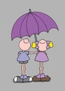 Illustration of boy and girl holding a giant purple umbrella