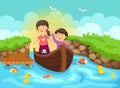 Illustration of a boy and girl are sailing on a boat Royalty Free Stock Photo