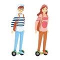 Illustration of boy and girl standing on segway.