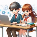 Illustration of a boy and a girl studying in front of a laptop Royalty Free Stock Photo