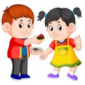 A boy giving his girlfriend a piece of cake on a plate